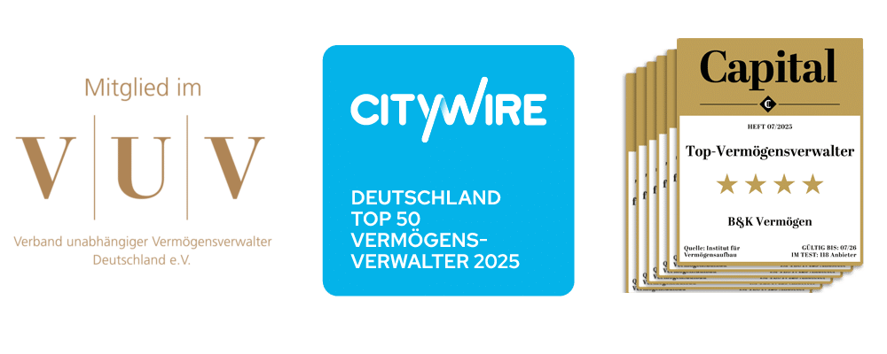 Auszeichnungen von B&K Vermögen: Mitglied im VUV, Top 50 Vermögensverwalter 2024 laut Citywire, und 5-Sterne-Bewertung im Capital Magazin
